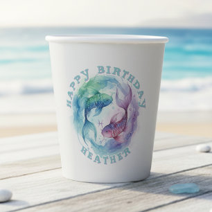 Pisces Zodiac Watercolor Fish Astrology Birthday Paper Cups