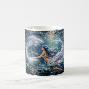Pisces Zodiac with Woman Surrounded by Two Glowing Coffee Mug