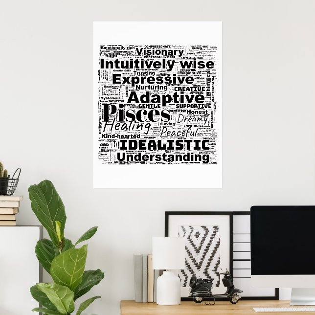 Pisces Zodiac Word Cloud – Inspirational Photo Art Poster (Home Office)