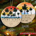 Pismo Beach California Retro Sunset Palm tree 60s Ceramic Tree Decoration<br><div class="desc">Pismo Beach California. This retro design makes a great Christmas or Birthday gift for fans of Pismo Beach Beach. The retro summer vibes design is a perfect gift for travel lovers and tropical destinations fans. - You can personalise the template by adding a name of your city or location, year...</div>