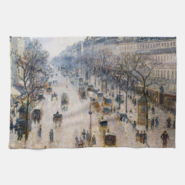 Pissarro - Boulevard Montmartre, Winter Morning Tea Towel (Horizontal)