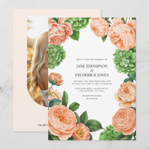 Pistachio and Peach Watercolor Floral Wedding Invitation