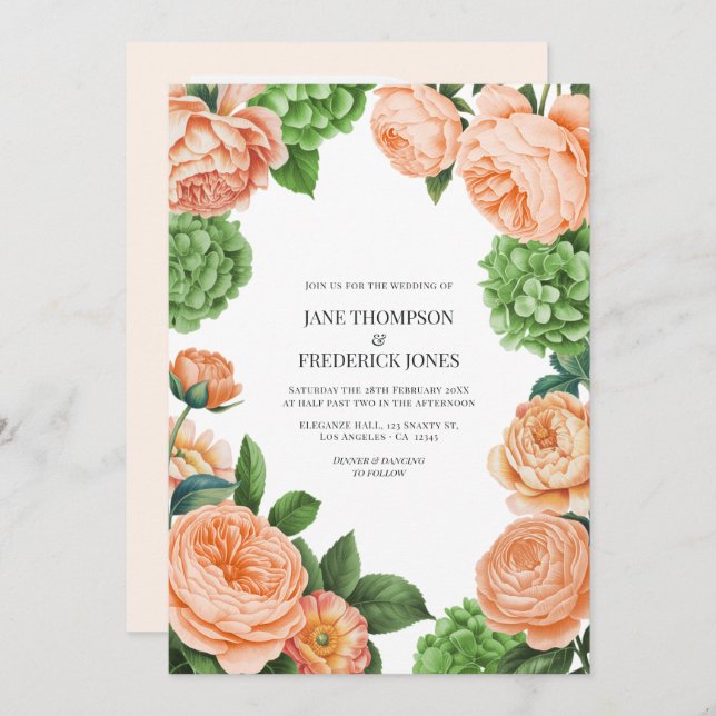 Pistachio and Peach Watercolor Floral Wedding Invitation (Front/Back)