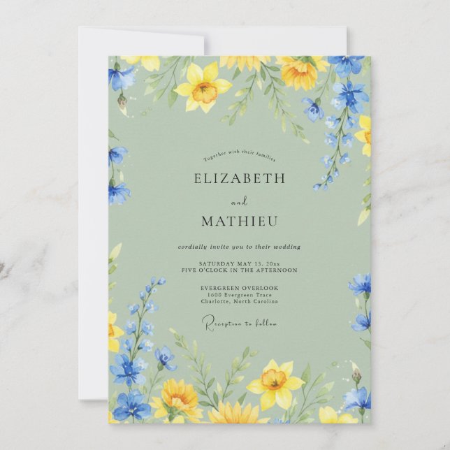 Pistachio Azure Daffodil Eucalyptus Wedding Invitation (Front)