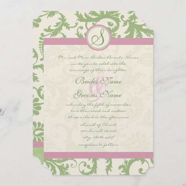 Pistachio Clover Rose Petal Damask Wedding Invite (Front/Back)