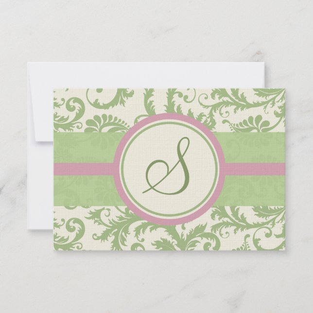 Pistachio Clover Rose Petal Damask Wedding RSVP (Front)