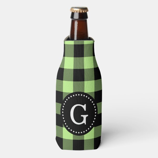 Pistachio Green Blk Buffalo Chk Plaid 1I Monogram Bottle Cooler (Bottle Front)