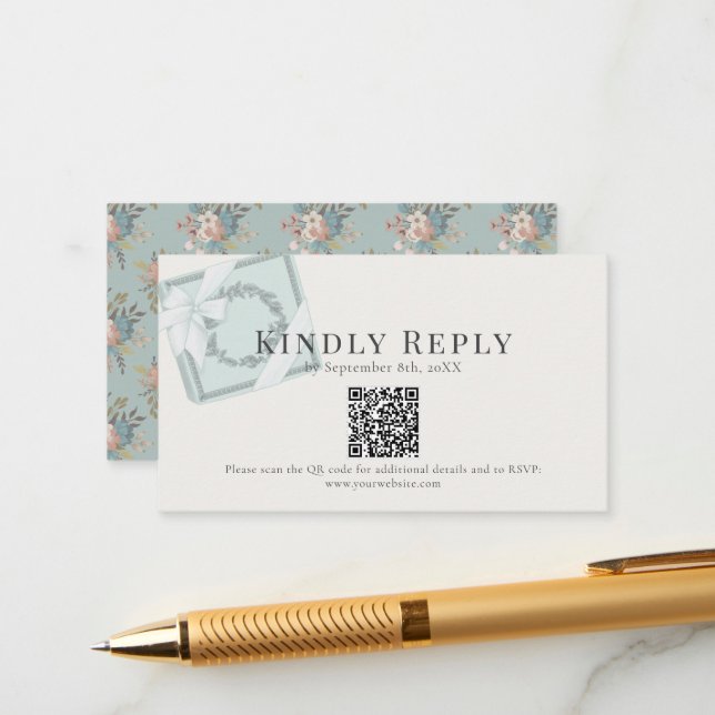 Pistachio Green Gift Box QR code RSVP Enclosure Card (Front/Back In Situ)
