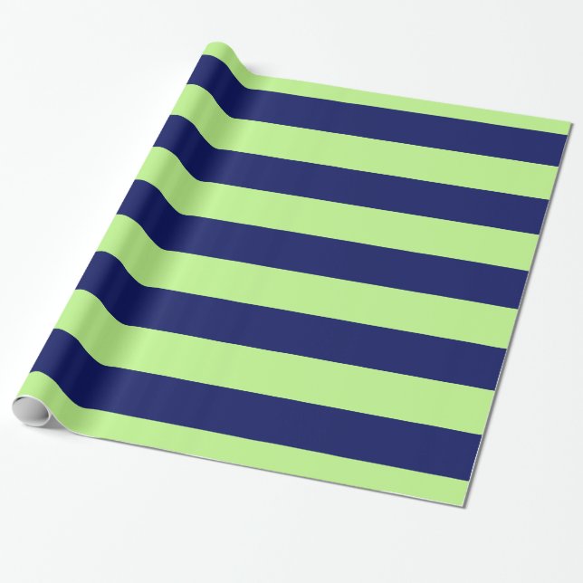 Pistachio Green, Navy Blue XL Stripes Pattern V Wrapping Paper (Unrolled)