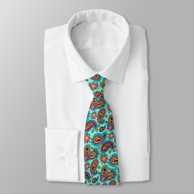 Pistachio Green Orange Paisley Pattern Tie (Tied)