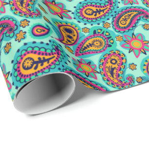 Pistachio Green Orange Paisley Pattern Wrapping Paper