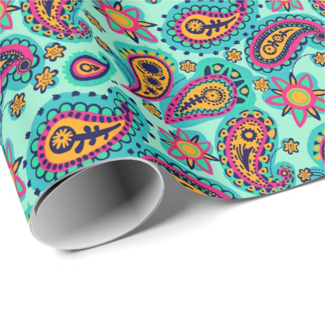 Pistachio Green Orange Paisley Pattern Wrapping Paper (Roll Corner)
