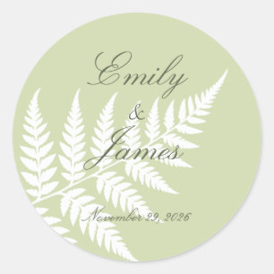 Pistachio Green White Fern Elegant Wedding Classic Round Sticker