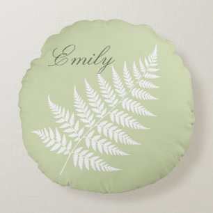 Pistachio Green White Fern Flowing Script Name Round Cushion