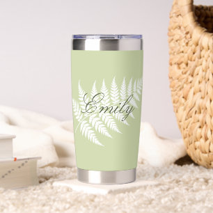 Pistachio Green White Fern Your Name Silver Insulated Tumbler