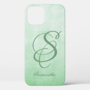 Pistachio Grey stylish rustic monogram iPhone 12 Case