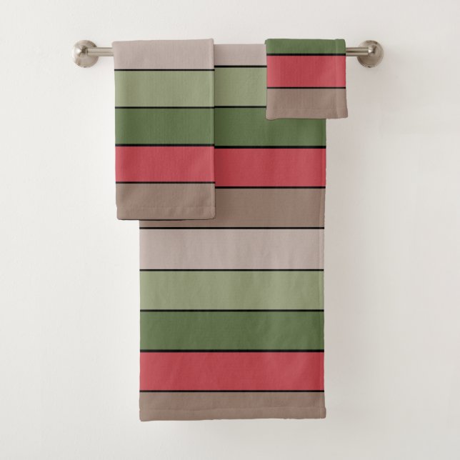 Pistachio Nut Shell Green Red Brown Stripes  Bath Towel Set (Insitu)