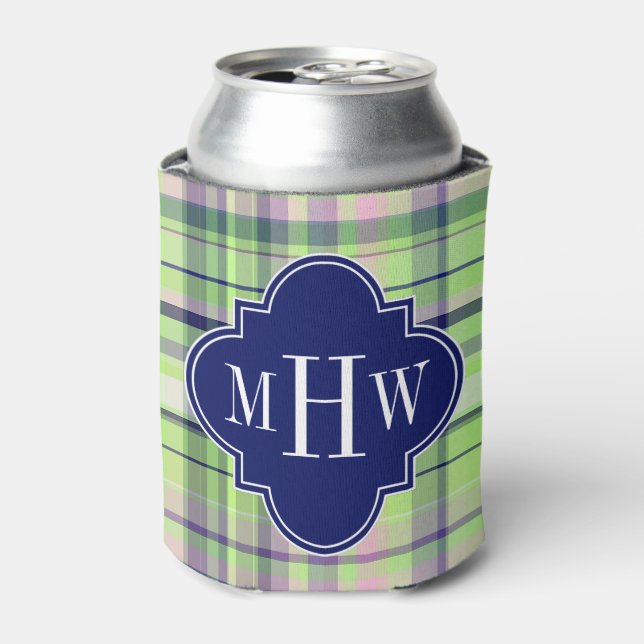 Pistachio Pink Navy Wht Preppy Madras Monogram Can Cooler (Can Front)