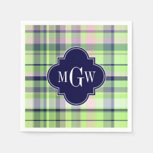 Pistachio Pink Navy Wht Preppy Madras Monogram Napkin