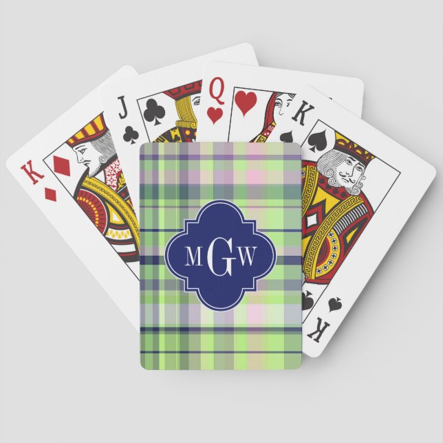Pistachio Pink Navy Wht Preppy Madras Monogram Playing Cards (Back)