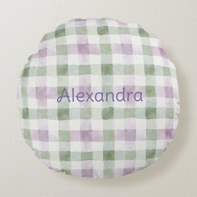 Pistachio Plaid Stripes Lavender Faux Glitter   Round Cushion (Front)