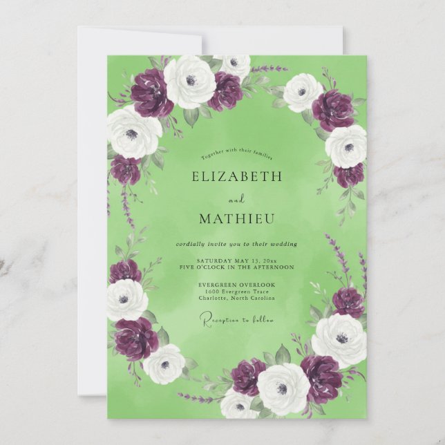Pistachio Plum Ranunculus Eucalyptus Wedding Invitation (Front)