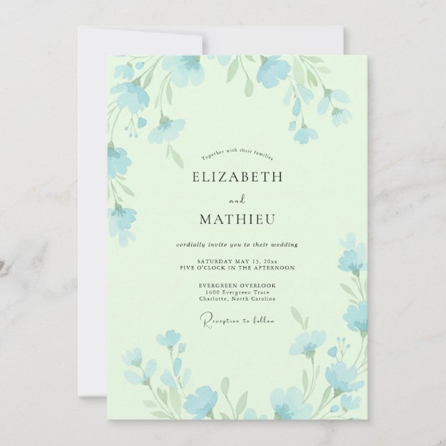 Pistachio Sky Blue Leafy Wedding Invitation (Front)