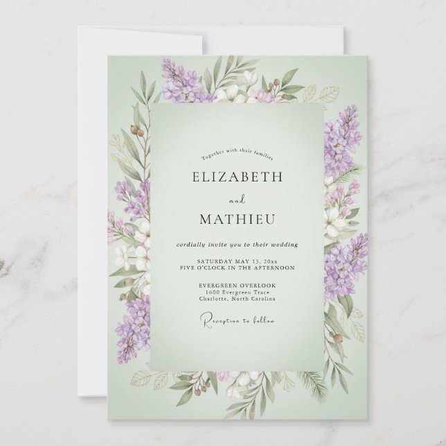 Pistachio Violet Sprig Eucalyptus Wedding Invitation (Front)