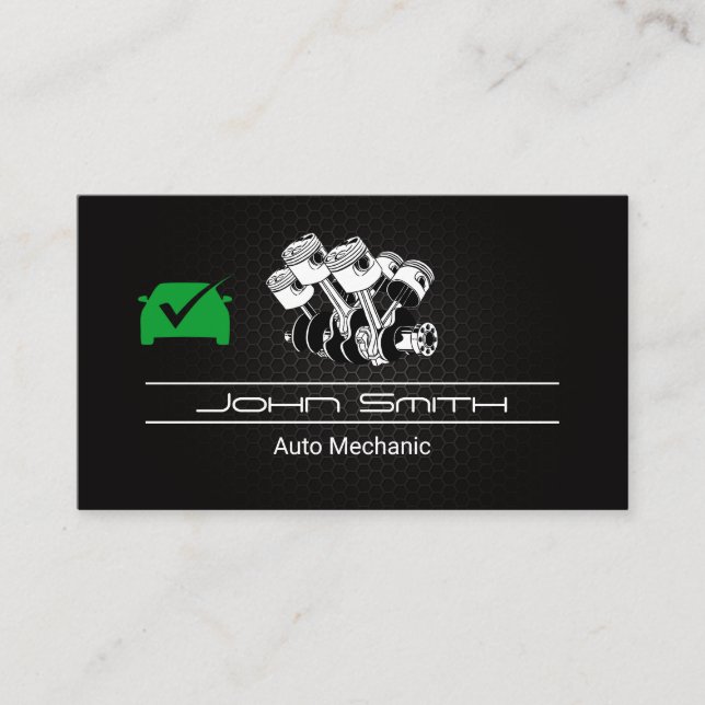 Piston Car Engine Carbon Fibre | Auto Green Check Business Card (Front)