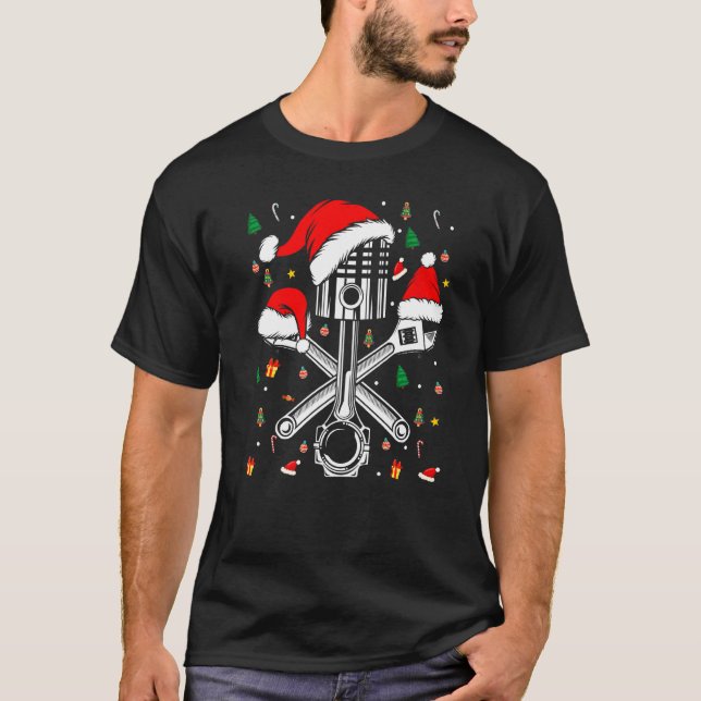 Piston Wrench Santa Hat Bike Car Mechanic Christma T-Shirt (Front)