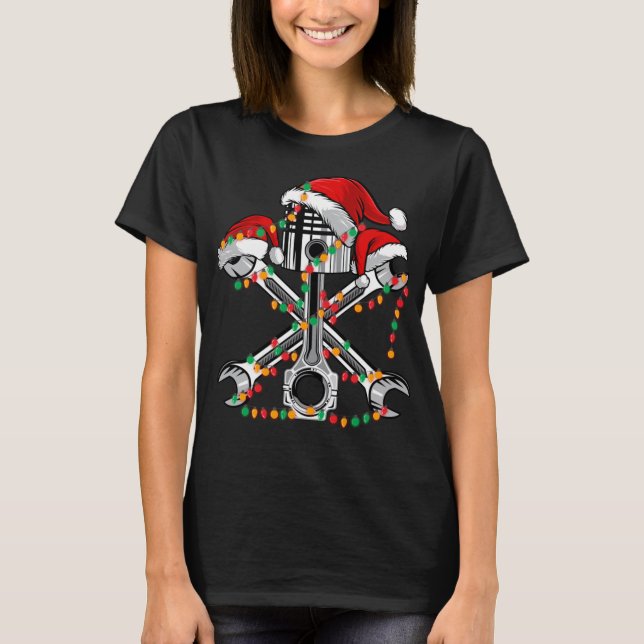 Piston Wrench Santa Hat Christmas Lights Bike Car  T-Shirt (Front)