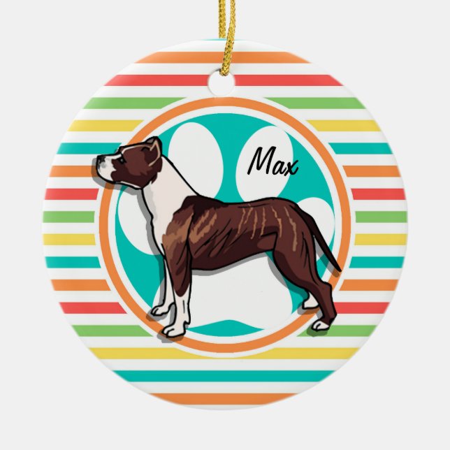 Pit Bull; Bright Rainbow Stripes Ceramic Tree Decoration (Front)