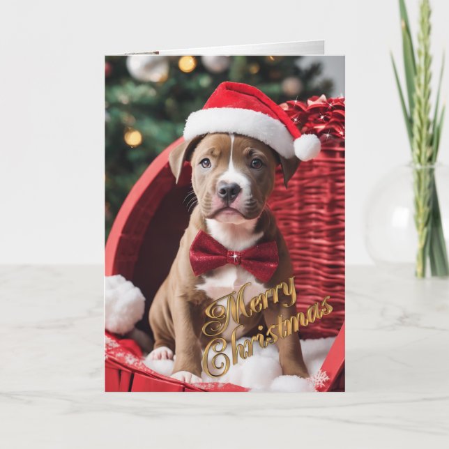  Pit Bull Christmas puppy in a basket   Holiday Card (Front)