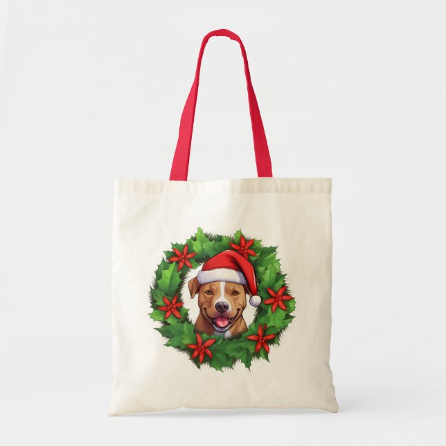 Pit Bull Christmas Wreath Tote Bag (Front)