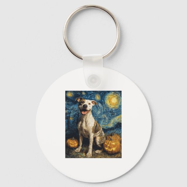 Pit Bull Cute Dog Halloween Jack O Lantern Pumpkin Key Ring (Front)