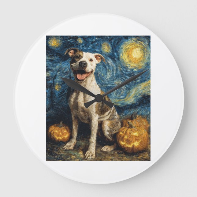 Pit Bull Cute Dog Halloween Jack O Lantern Pumpkin Large Clock (Front)