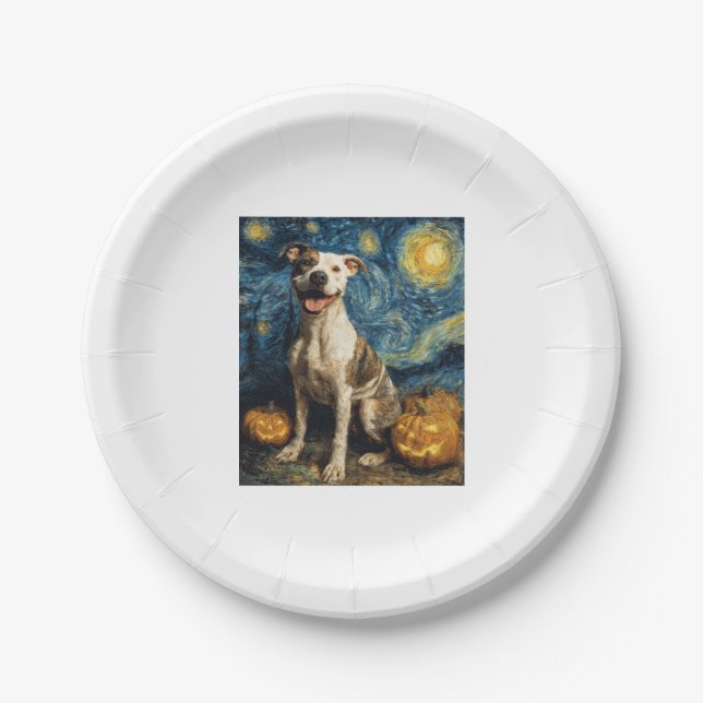 Pit Bull Cute Dog Halloween Jack O Lantern Pumpkin Paper Plate (Front)