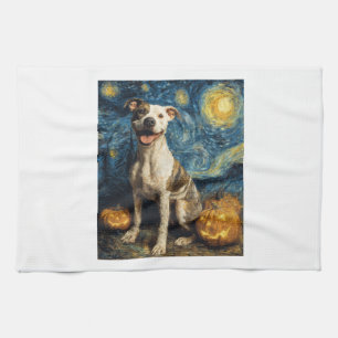 Pit Bull Cute Dog Halloween Jack O Lantern Pumpkin Tea Towel