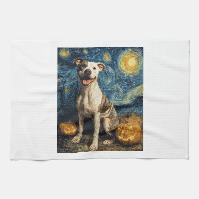 Pit Bull Cute Dog Halloween Jack O Lantern Pumpkin Tea Towel (Horizontal)