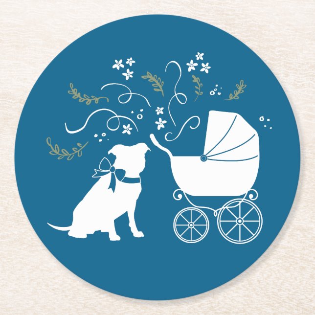 Pit Bull Dog Baby Shower Blue Boy Pitbull Round Paper Coaster (Front)