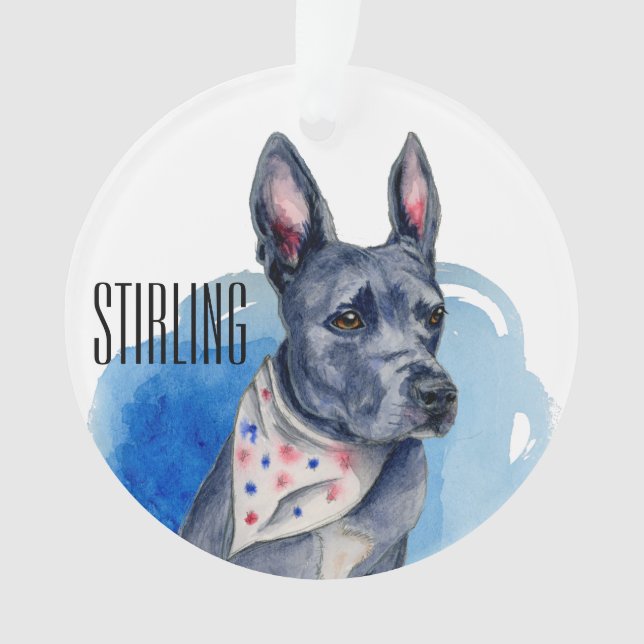 Pit Bull Dog Blue Watercolor Customisable Ornament (Front)