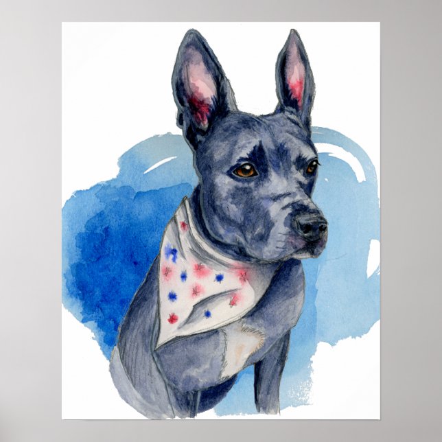 Pit Bull Dog Blue Watercolor Painting Poster (Front)