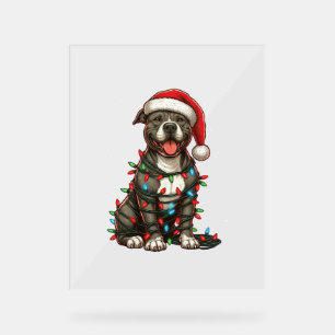 Pit bull Dog Christmas Lights Santa Hat Xmas Snow Acrylic Sign