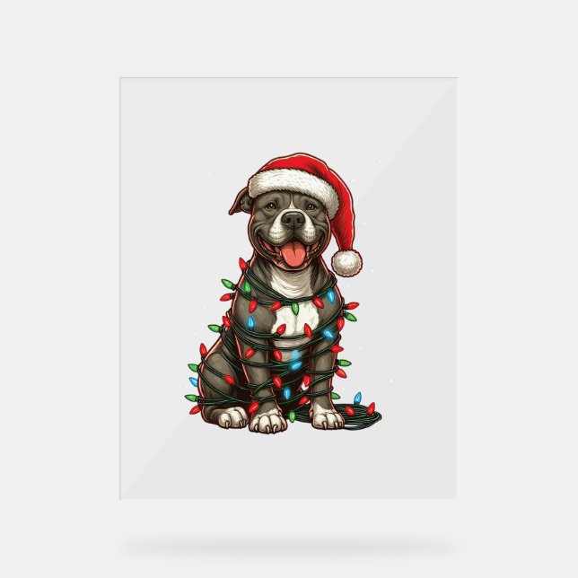 Pit bull Dog Christmas Lights Santa Hat Xmas Snow  Acrylic Sign (Front)