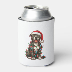 Pit bull Dog Christmas Lights Santa Hat Xmas Snow Can Cooler