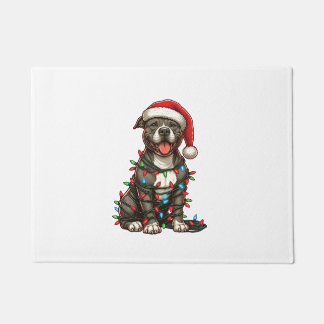 Pit bull Dog Christmas Lights Santa Hat Xmas Snow  Doormat (Front)