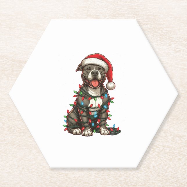 Pit bull Dog Christmas Lights Santa Hat Xmas Snow  Paper Coaster (Front)