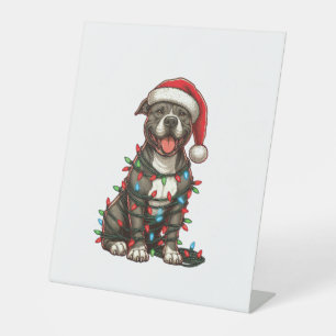Pit bull Dog Christmas Lights Santa Hat Xmas Snow Pedestal Sign
