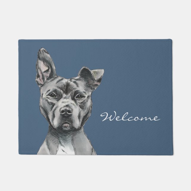 Pit Bull Dog Drawing Welcome Doormat (Front)