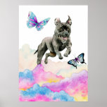 Pit Bull Dog Fantasy Watercolor Pop Art Poster<br><div class="desc">This is a whimsical watercolor illustration of a black pit bull dog jumping out of the rainbow coloured clouds. There are pretty butterflies flying around the dog. Pop art design for dog lovers.</div>